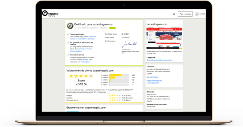 Tienda online certificada Trusted Shops - Garantía para comprador y vendedor